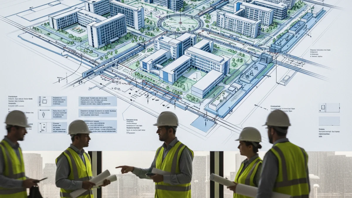 Representació visual d'un gran complex hospitalari i universitari modern amb una estació de metro propera.