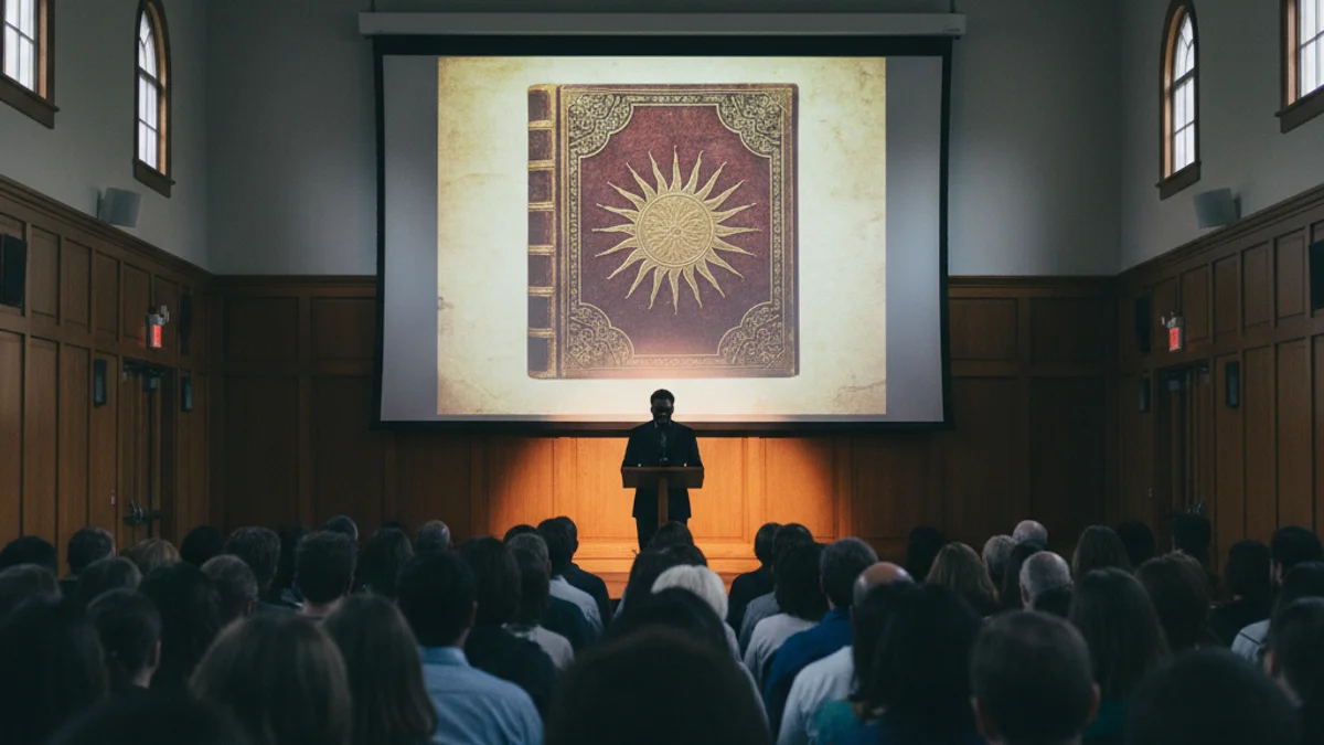 Imatge genèrica d'un auditori ple amb la silueta d'un ponent presentant un llibre sobre medicina i energia.