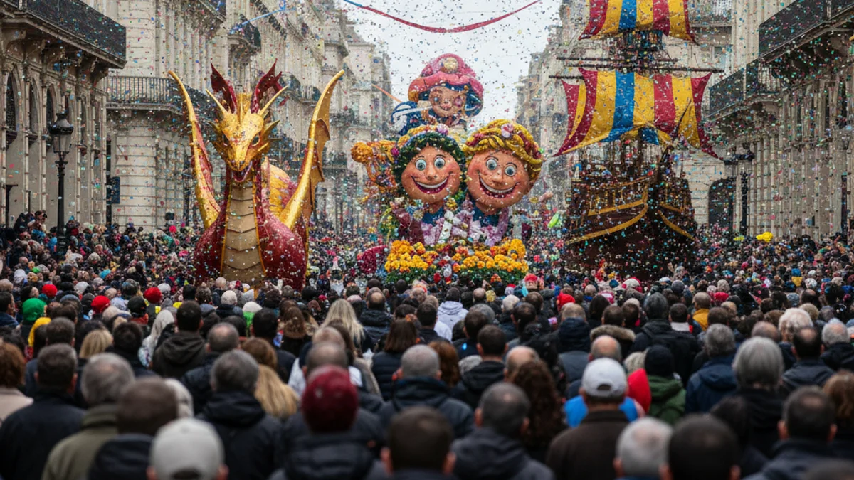 Vista d'una multitud de comparses i carrosses en una rua de Carnaval, amb figures borroses.