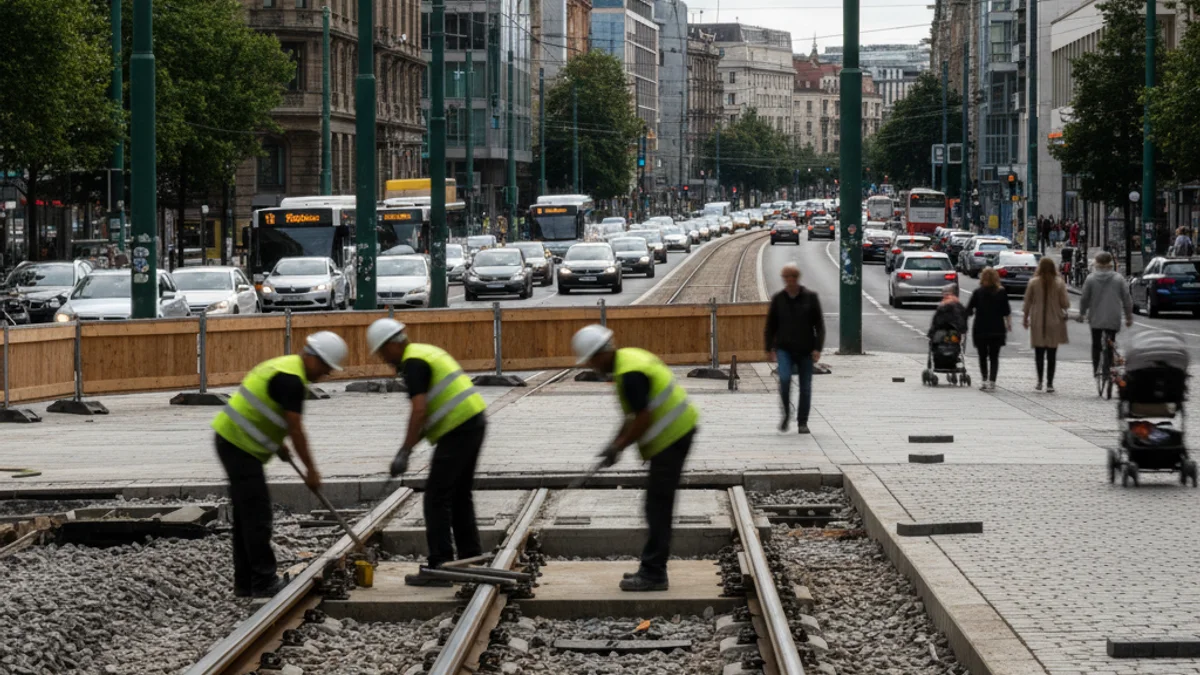 Vista d'una zona urbana en obres amb maquinària de construcció i senyalització de desviaments.