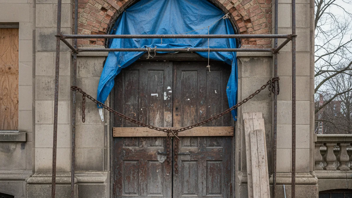 Imatge genèrica d'un centre cívic o equipament comunitari amb la porta tancada i senyals d'obres o manteniment.
