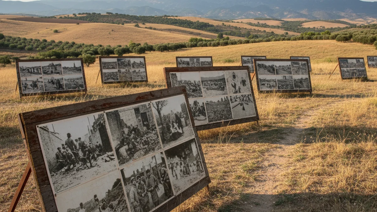 Panells informatius amb fotografies històriques de la Guerra Civil en un entorn rural.