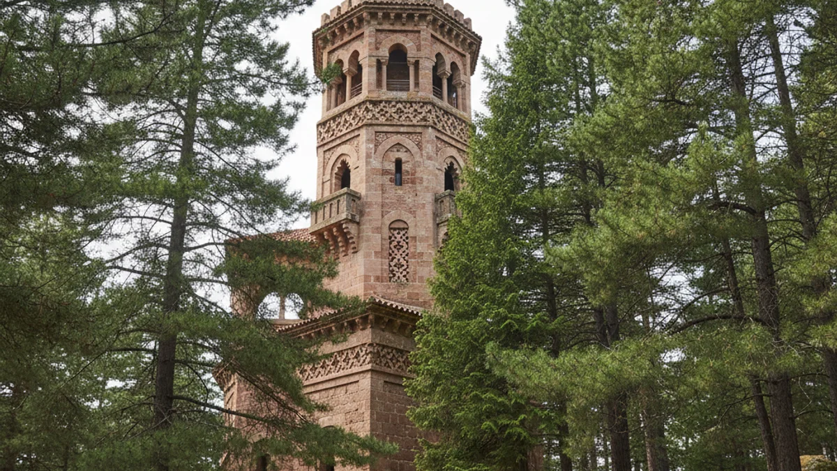 Vista parcial d'una torre de fortalesa d'estil neoàrab tardà envoltada de pins i vegetació.