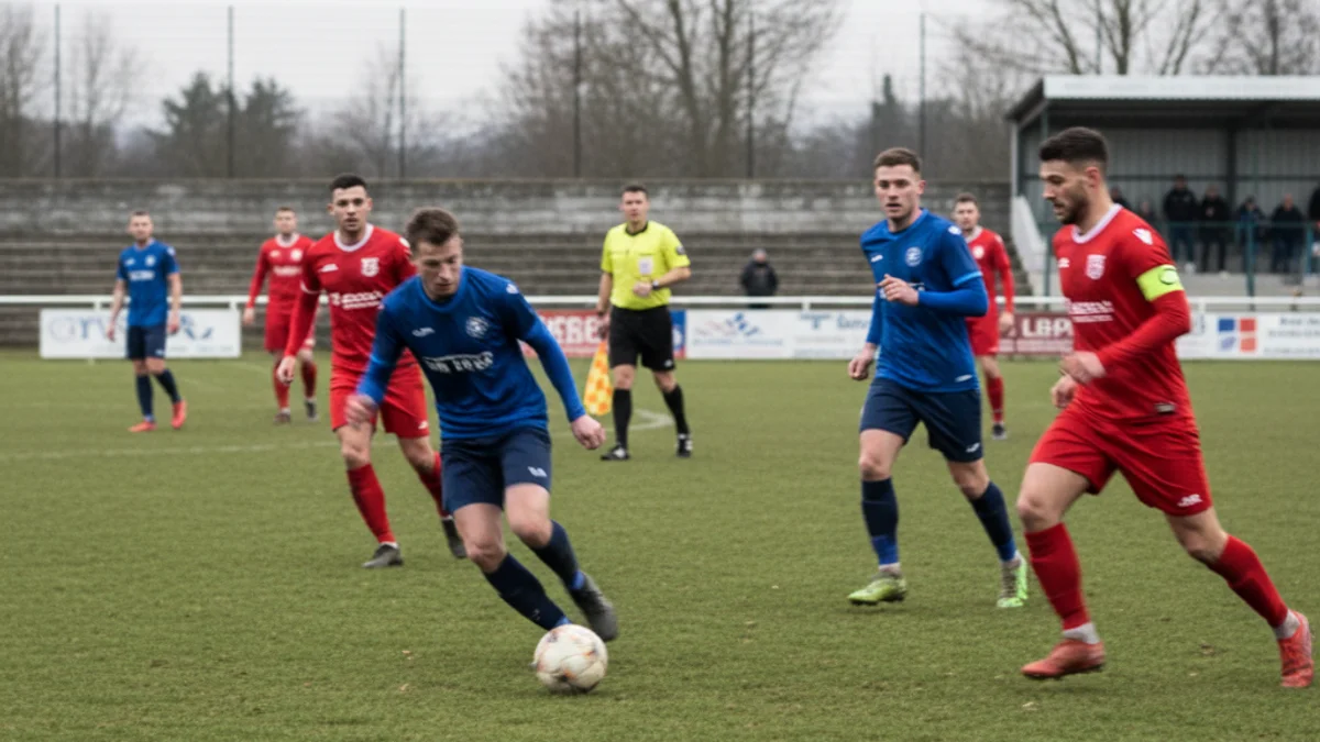Imatge genèrica d'un partit de futbol de lliga regional amb jugadors en acció disputant la pilota.