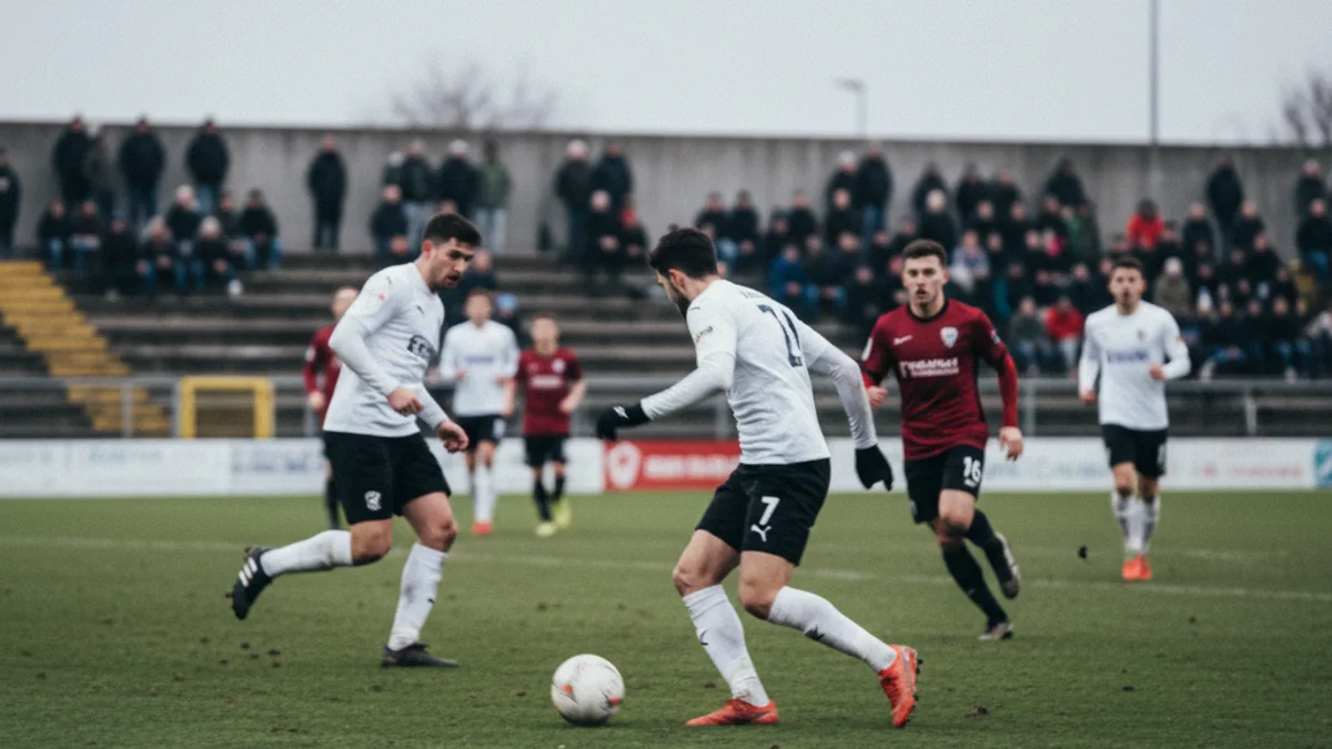 Vista genèrica d'un partit de futbol de categoria regional, amb jugadors en acció i públic a la graderia.