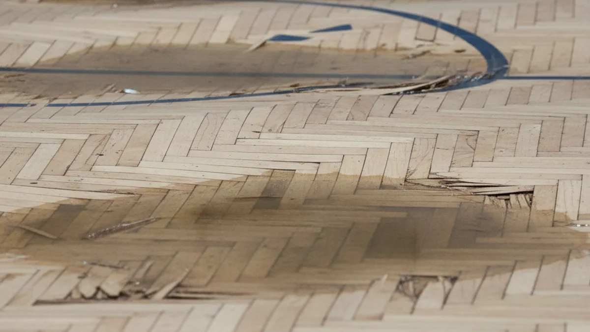 Imatge genèrica d'un pavelló esportiu amb el terra de parquet danyat per la humitat o goteres.