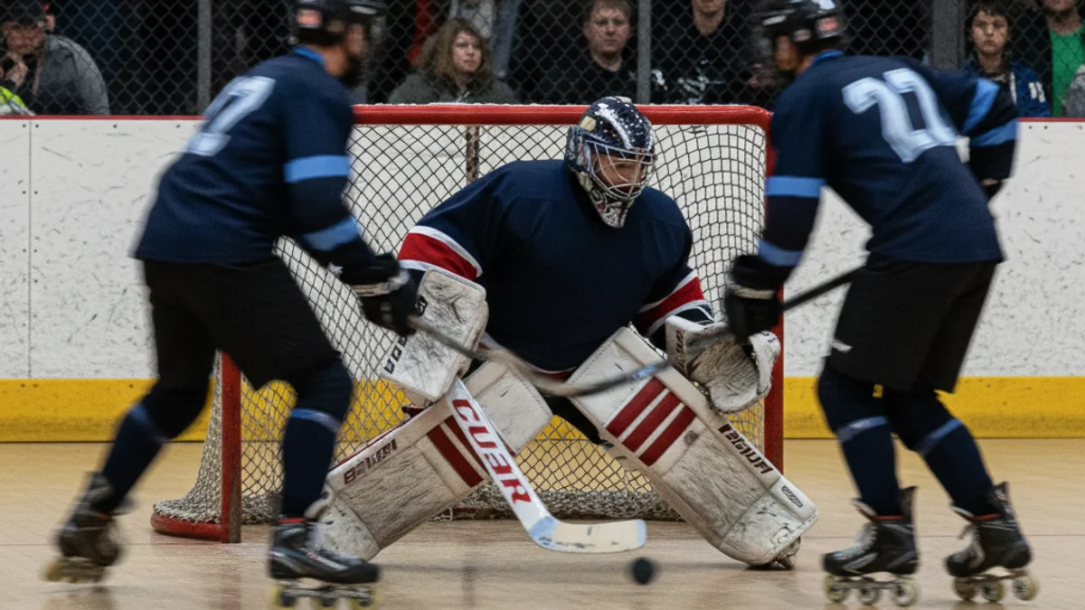Imatge genèrica d'un partit d'hoquei línia, amb jugadors en acció i un porter defensant la porteria.