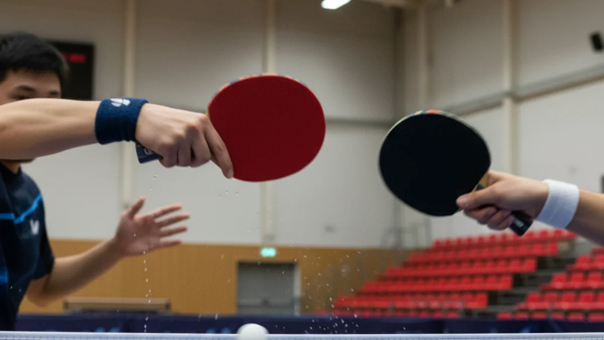 Imatge genèrica d'un partit de tenis taula professional, amb l'acció centrada a la xarxa.