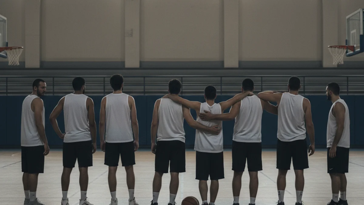 Fotografia de grup d'un equip de bàsquet juvenil posant a la pista, amb pilotes i cistelles al fons.