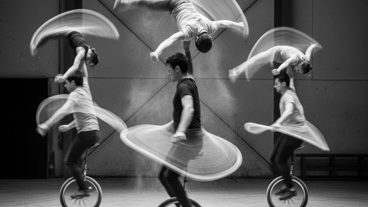 Imatge genèrica d'un espectacle de circ contemporani amb monocicles i acròbates en moviment.