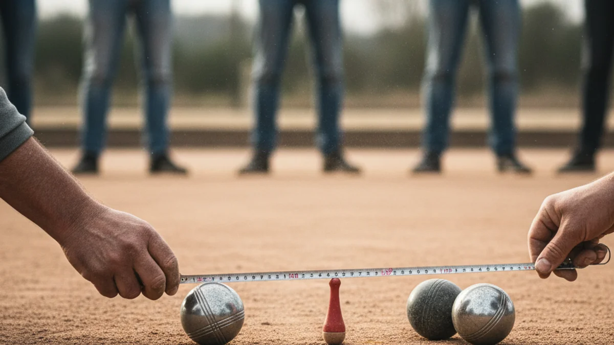 Imatge genèrica d'una partida de petanca, amb les boles i el 'bouchon' en un terreny de joc de terra.