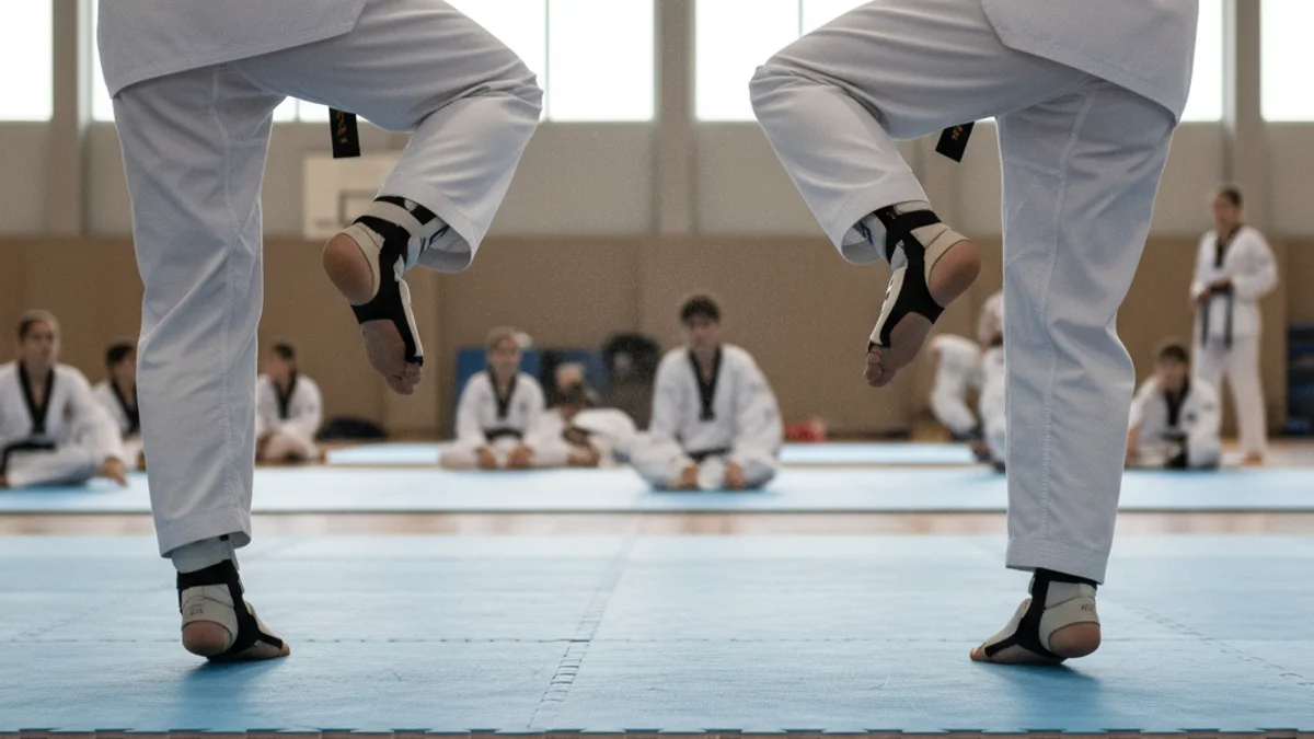 Imatge genèrica d'esportistes de taekwondo realitzant una forma (poomsae) en una competició.