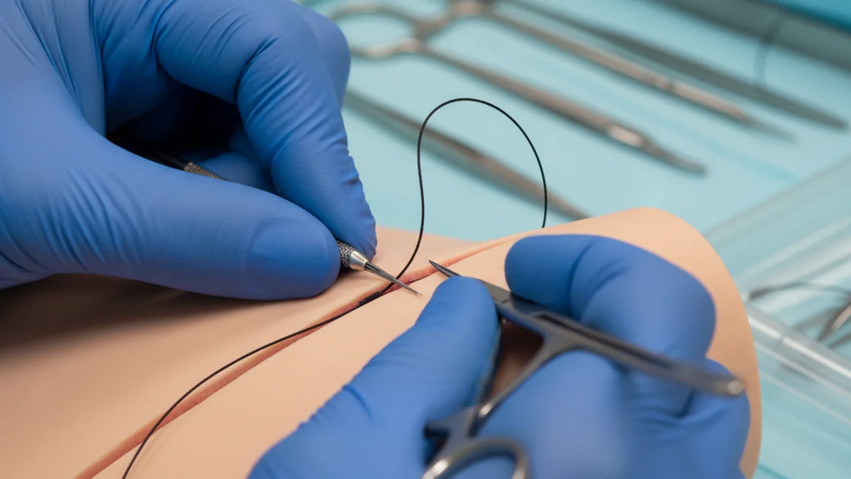 Mans d'un professional sanitari realitzant una sutura amb fil i agulla sobre un model de pràctiques mèdiques.