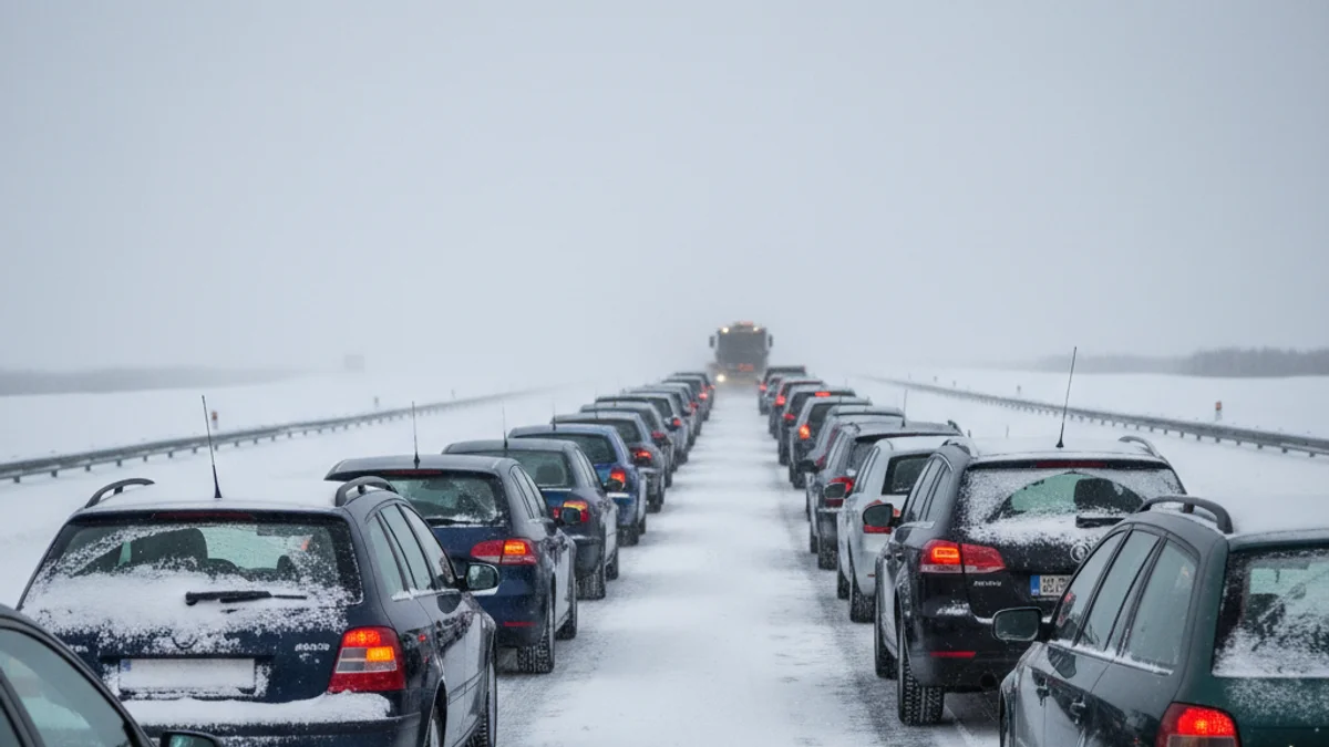 Imatge genèrica d'una carretera coberta de neu amb vehicles aturats a causa d'un temporal.