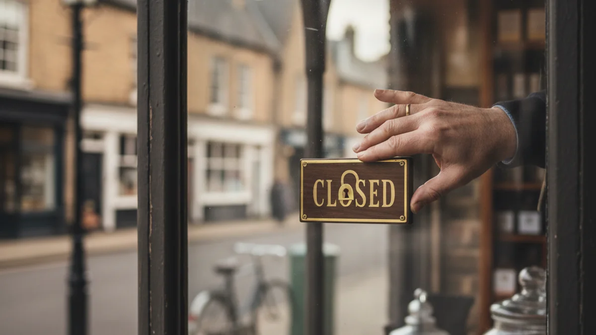 Façana d'un petit comerç tradicional amb un cartell de 'tancat' o 'en venda'.