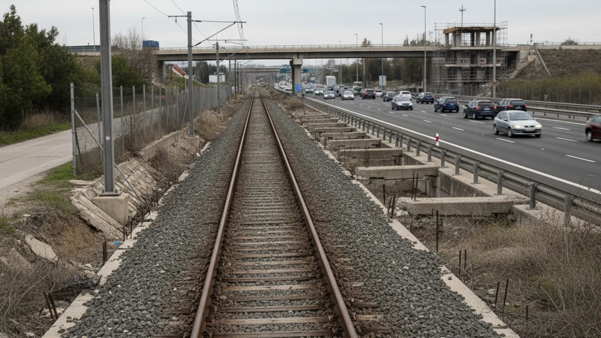 Imatge genèrica d'una autopista amb peatge i vies de tren en un entorn comarcal, simbolitzant la mobilitat.
