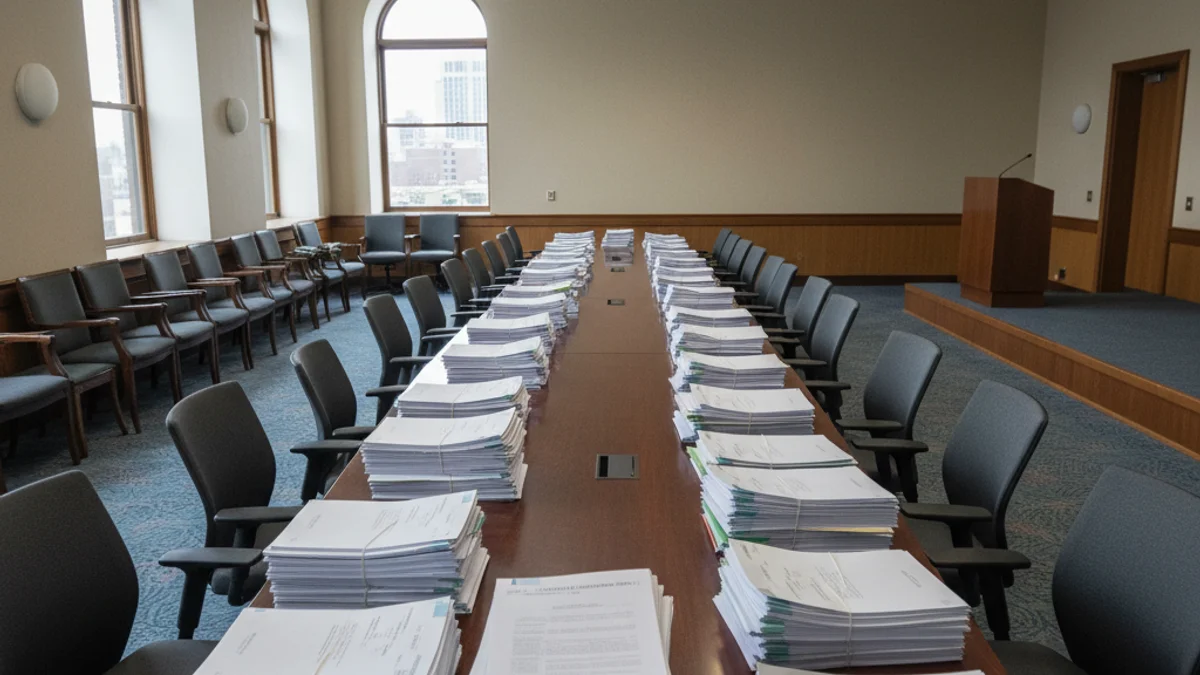 Taula de conferències buida amb documents apilats, simbolitzant una reunió administrativa d'una entitat esportiva.