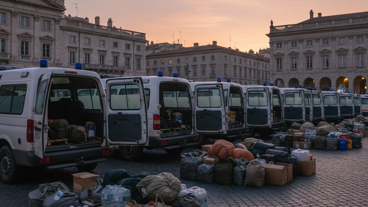 Una silueta de vehicles d'ajuda humanitària preparats per a un llarg viatge, amb sacs de dormir apilats a prop.