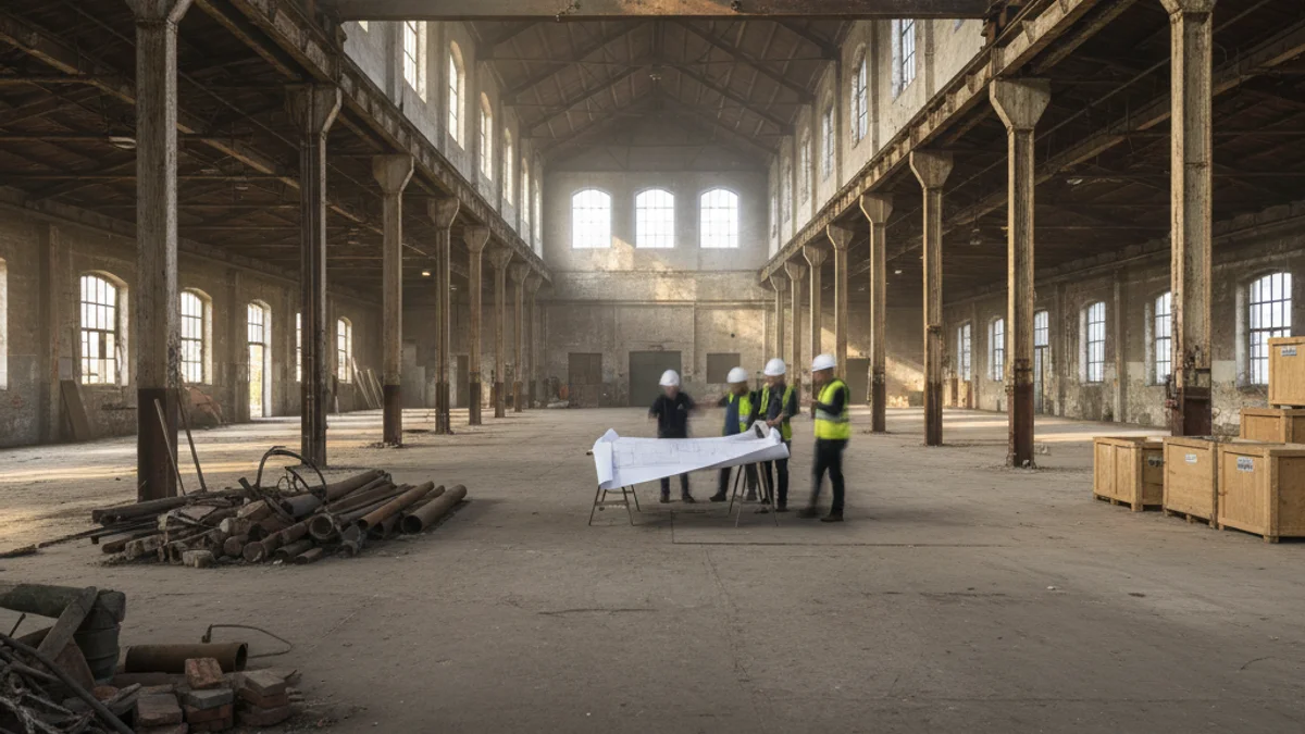 Vista interior d'un magatzem antic i gran, amb bigues de fusta o metall, que serà reformat per a ús educatiu o cultural.
