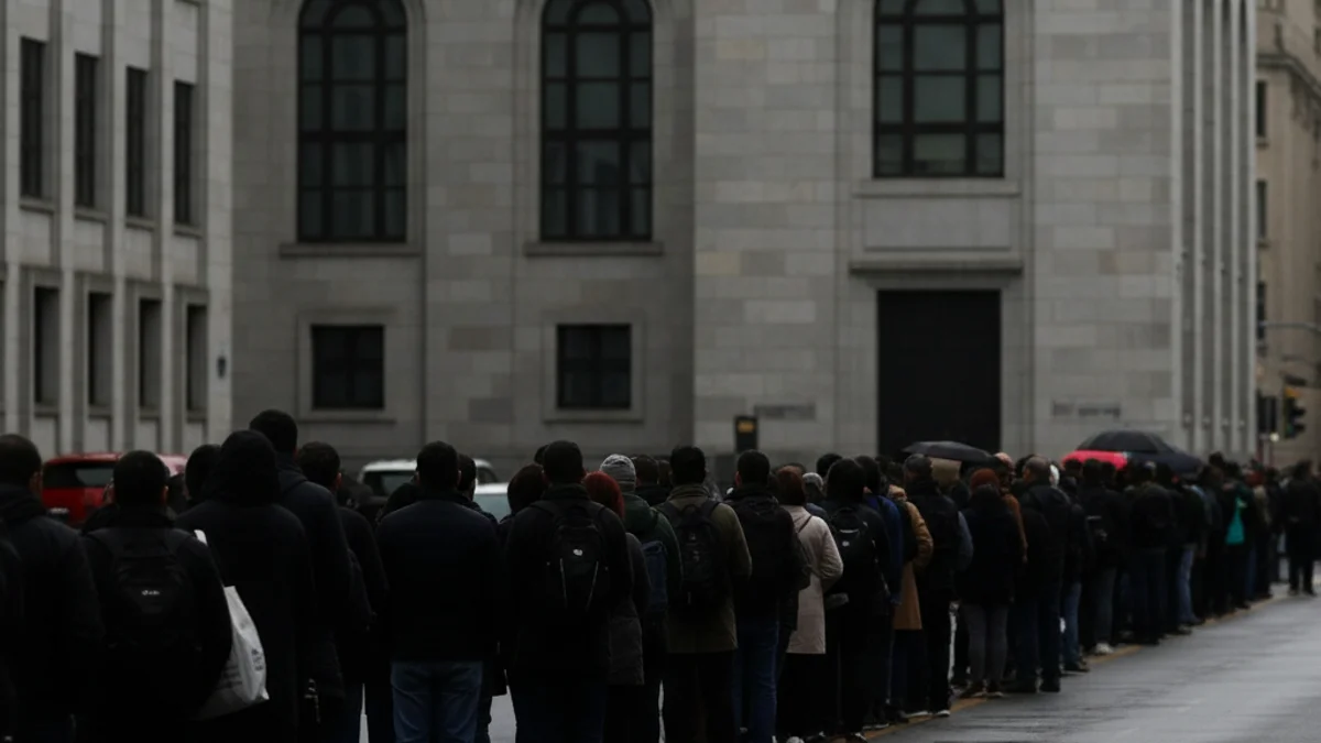Una larga cola de personas esperando fuera de un edificio consular en un día soleado, con figuras borrosas.