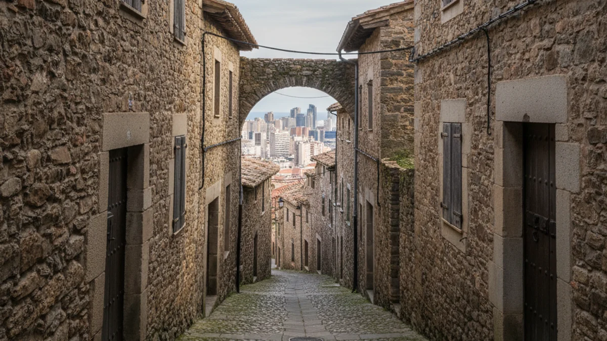 Imatge que contrasta un carrer tranquil i buit d'un poble petit amb la silueta d'una zona urbana densa.