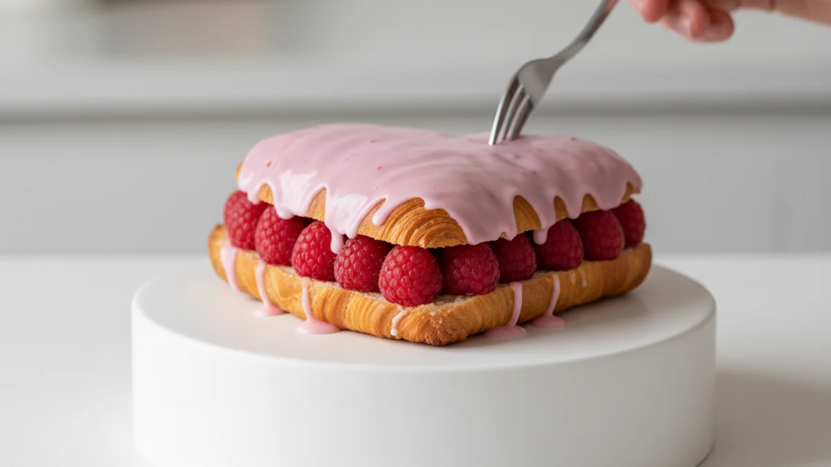 Un croissant amb forma de cor i cobertura rosa, amb un farcit de gerds, sobre un fons que evoca art contemporani.