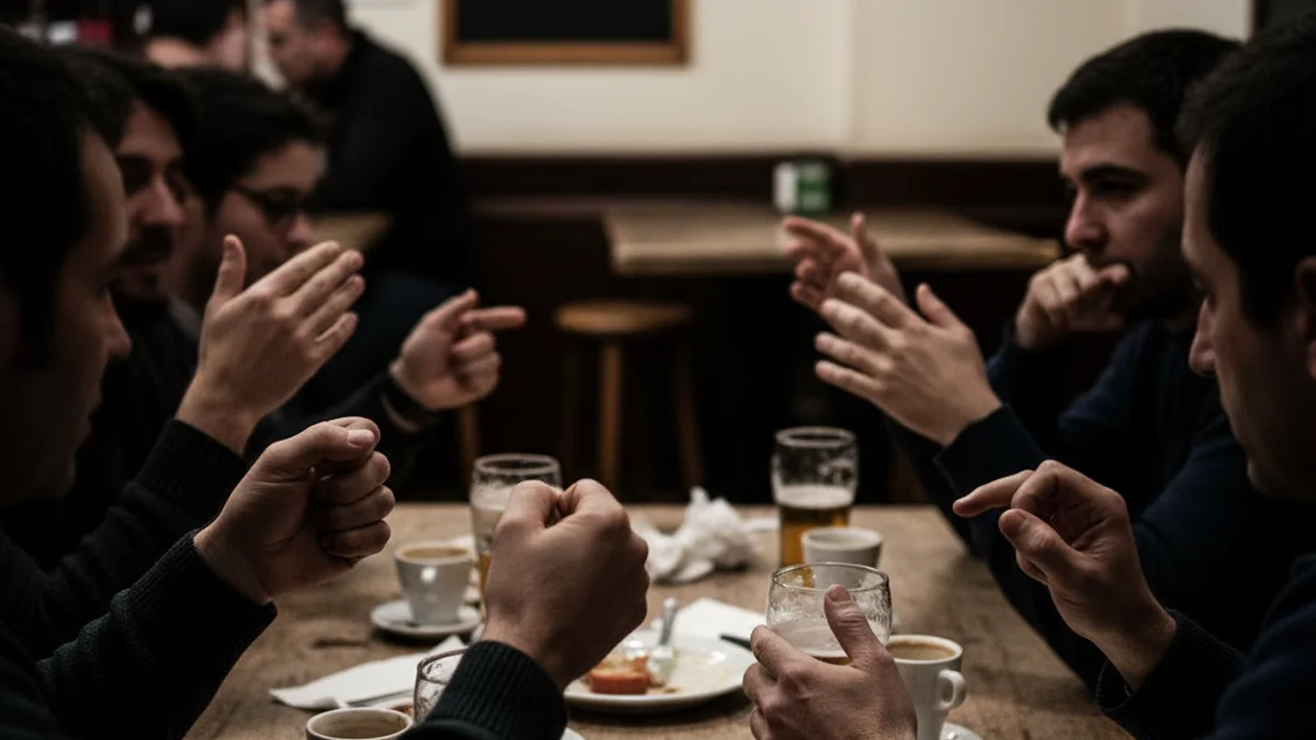 Siluetes de persones en un bar de barri debatent sobre política local i problemes socials.