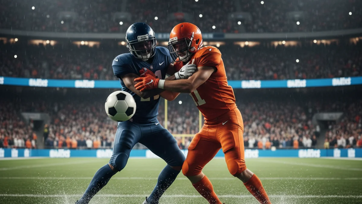 Imatges d'un partit de futbol professional amb jugadors disputant la pilota en un estadi ple.