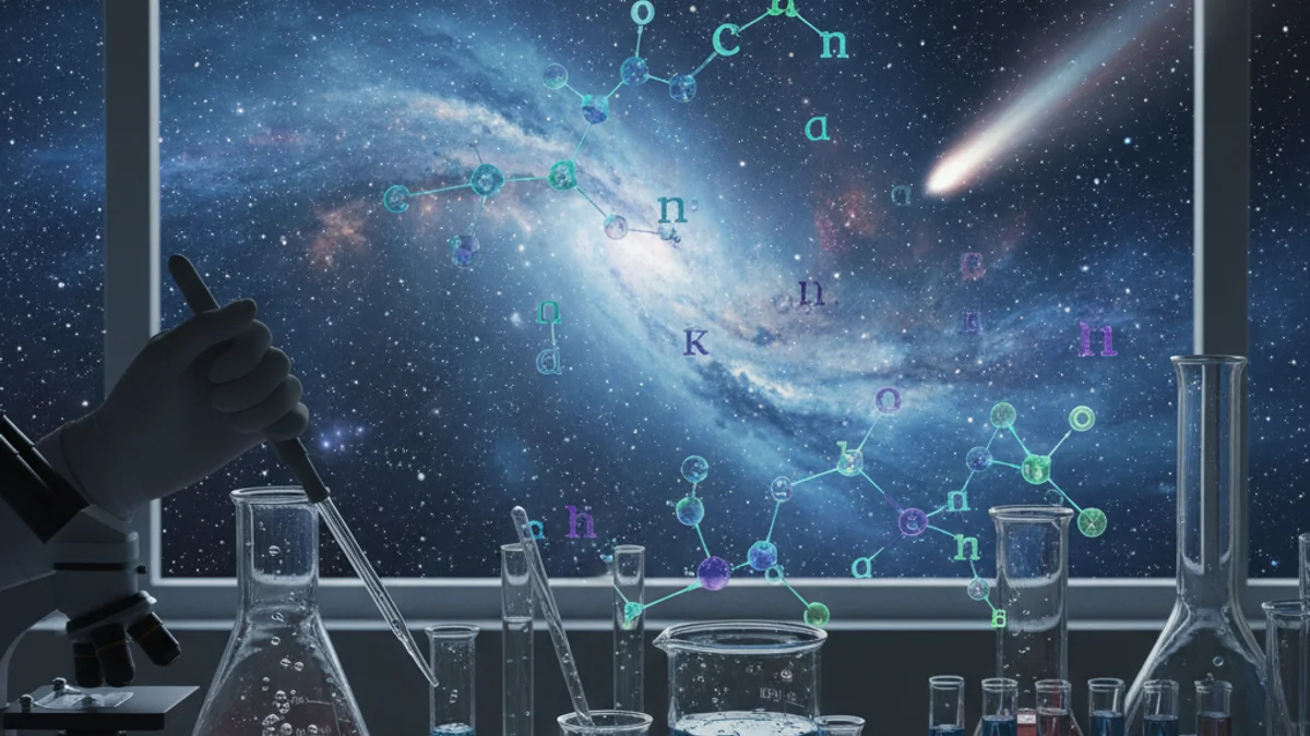 Representació abstracta de l'origen de la vida, amb molècules i cometes en un entorn còsmic.