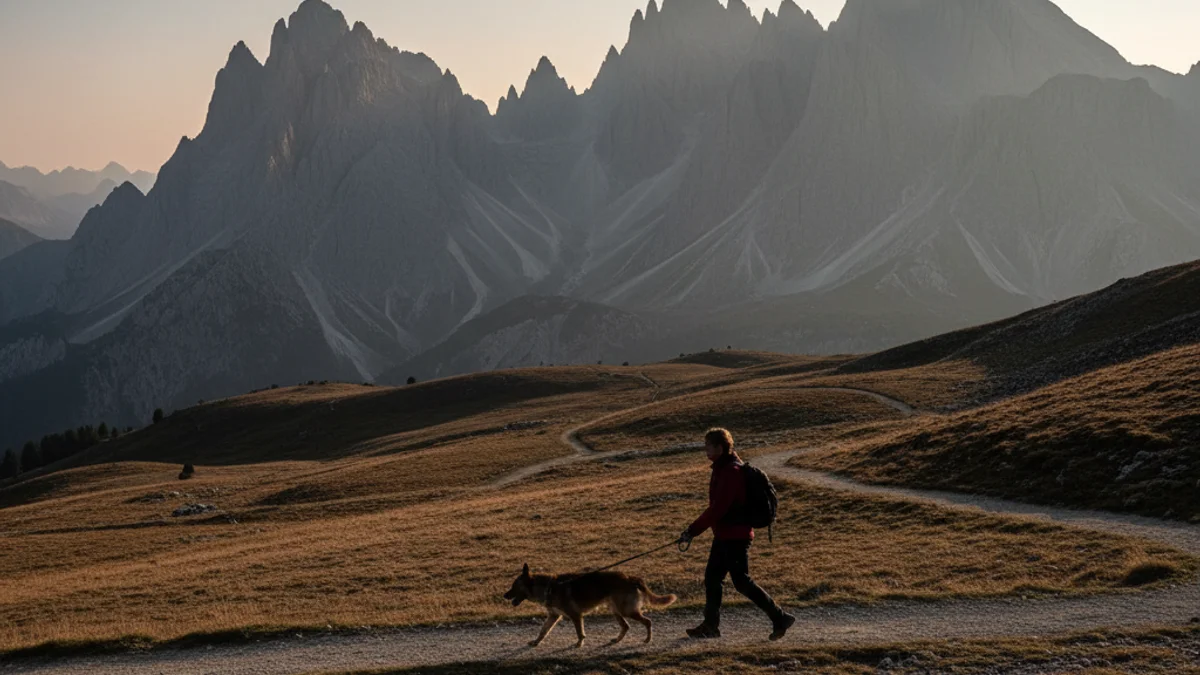 Silueta d'una persona caminant amb un gos per un sender de muntanya sec, representant la relació entre l'ésser humà i la natura.
