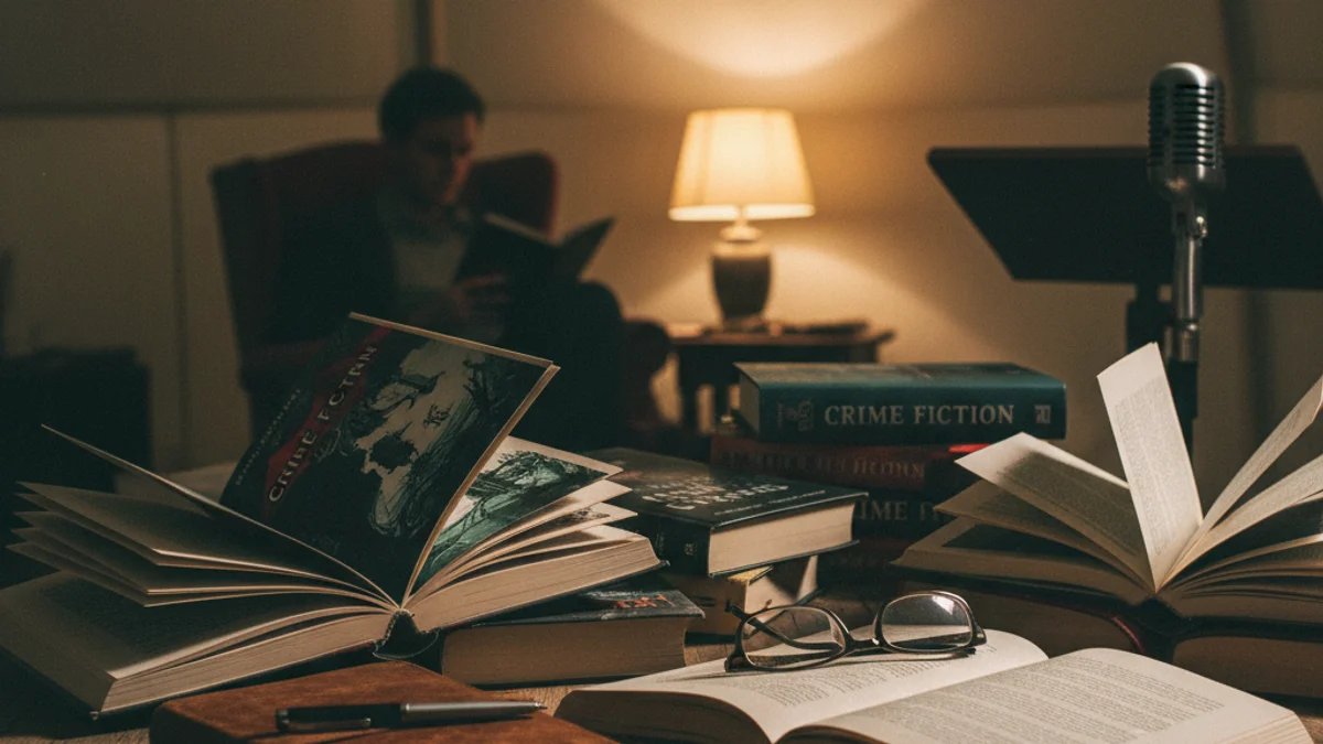 Imatge genèrica d'una pila de llibres de novel·la negra en un ambient de festival literari.