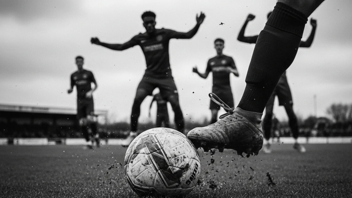 Imatge genèrica d'un partit de futbol de categoria regional, amb jugadors lluitant per la pilota en un camp de gespa.