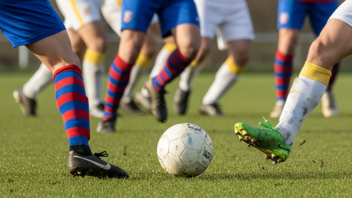 Imagen genérica de un partido de fútbol con jugadores luchando por la posesión del balón en un campo de césped.