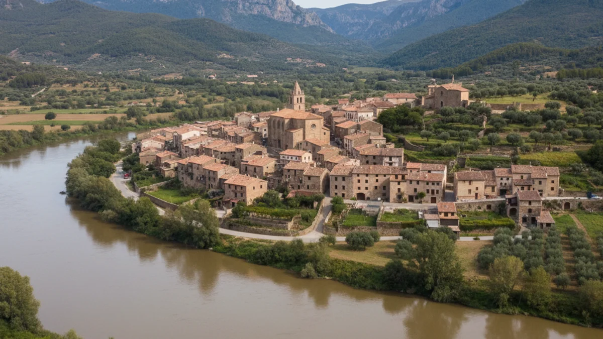 Imatge genèrica d'un poble petit català prop d'un riu, amb cases tradicionals i muntanyes al fons.