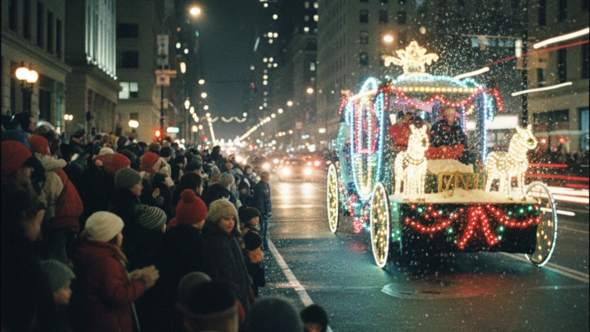 Famílies i nens abrigats observant una carrossa il·luminada durant una cavalcada nocturna de Reis.