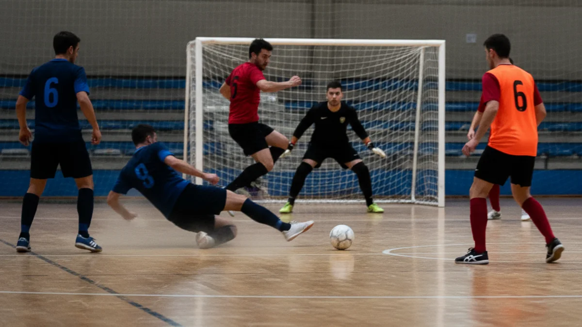 Imagen genérica de un partido de fútbol sala, con jugadores en rápido movimiento en la pista interior.