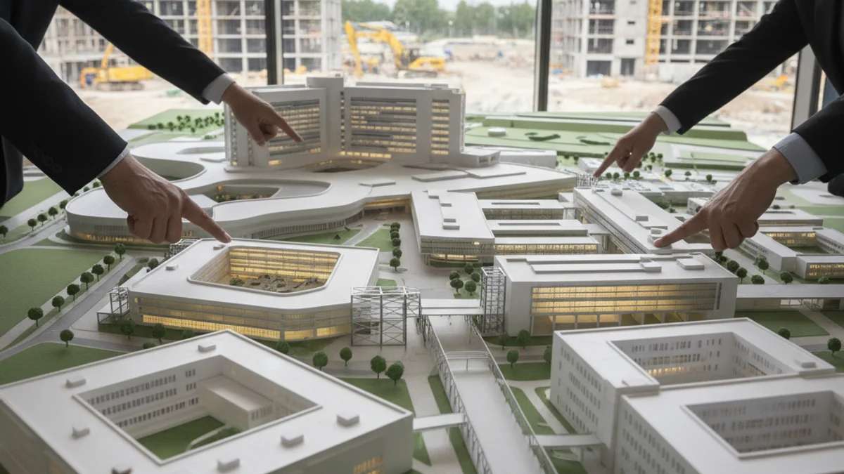 Representació visual d'un gran projecte d'urbanisme que inclou un hospital i un campus universitari.
