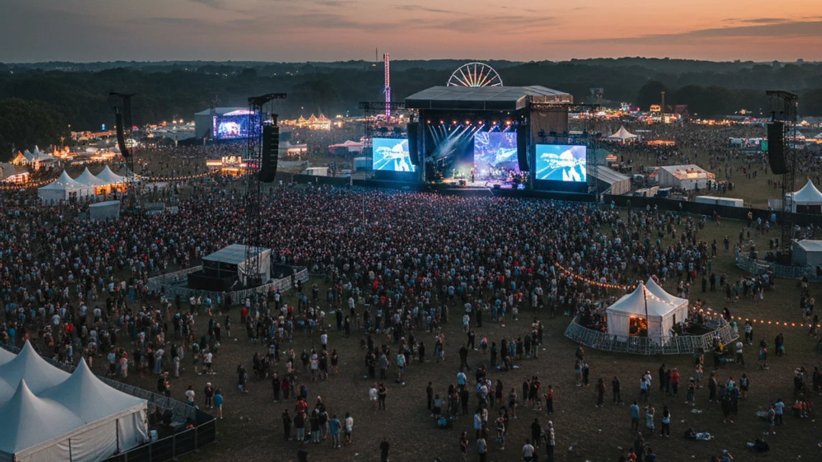 Vista d'un gran espai obert amb escenaris i una multitud de siluetes assistint a un festival universitari.