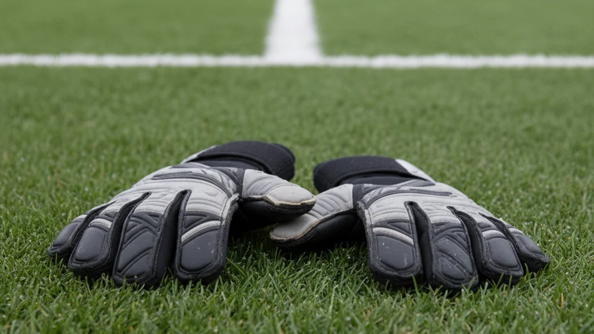 Guants de porter de futbol sobre la gespa d'un camp, simbolitzant un fitxatge imminent.