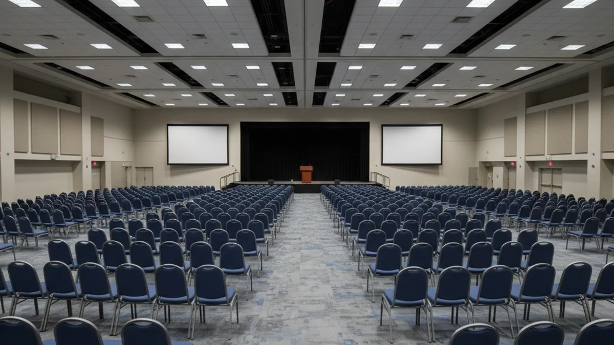 Una vista genèrica d'una gran fira de tecnologia o un centre de convencions buit amb seients.