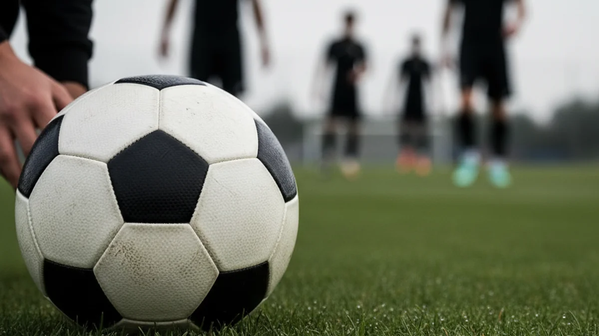 Un balón de fútbol en un campo verde, con figuras borrosas de jugadoras al fondo durante un entrenamiento.