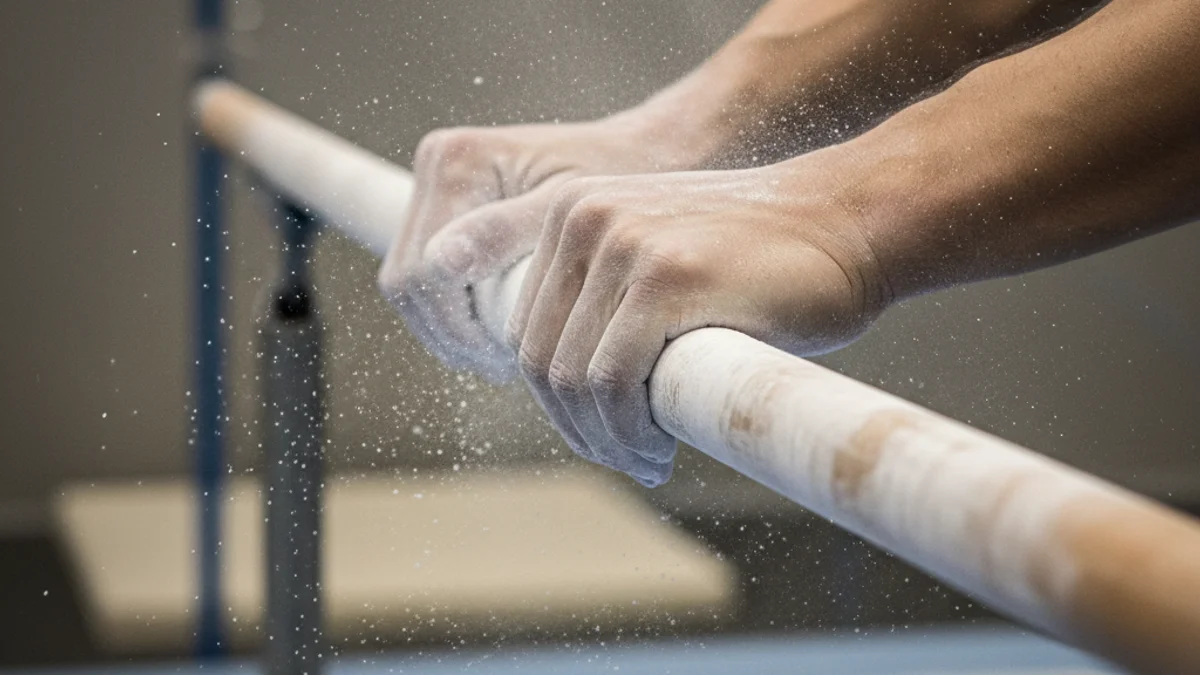 Imatge genèrica de les mans d'un gimnasta cobrint-se de guix abans d'una competició.