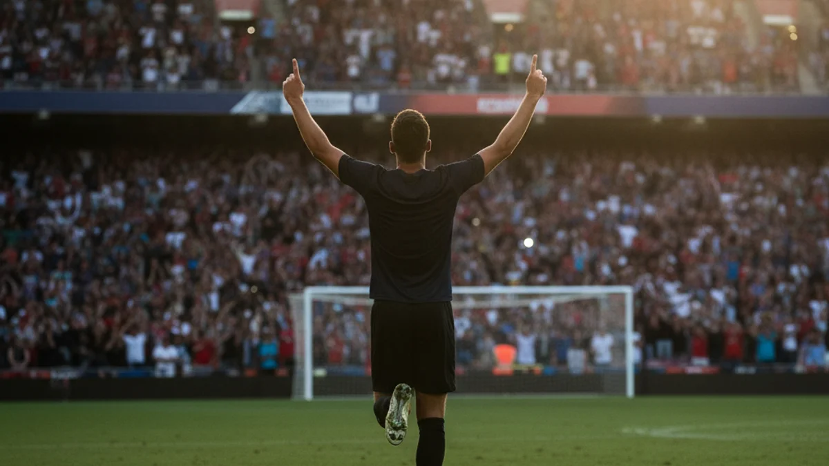 Descripció d'un partit de futbol amb un jugador celebrant un gol de penal en un estadi ple.