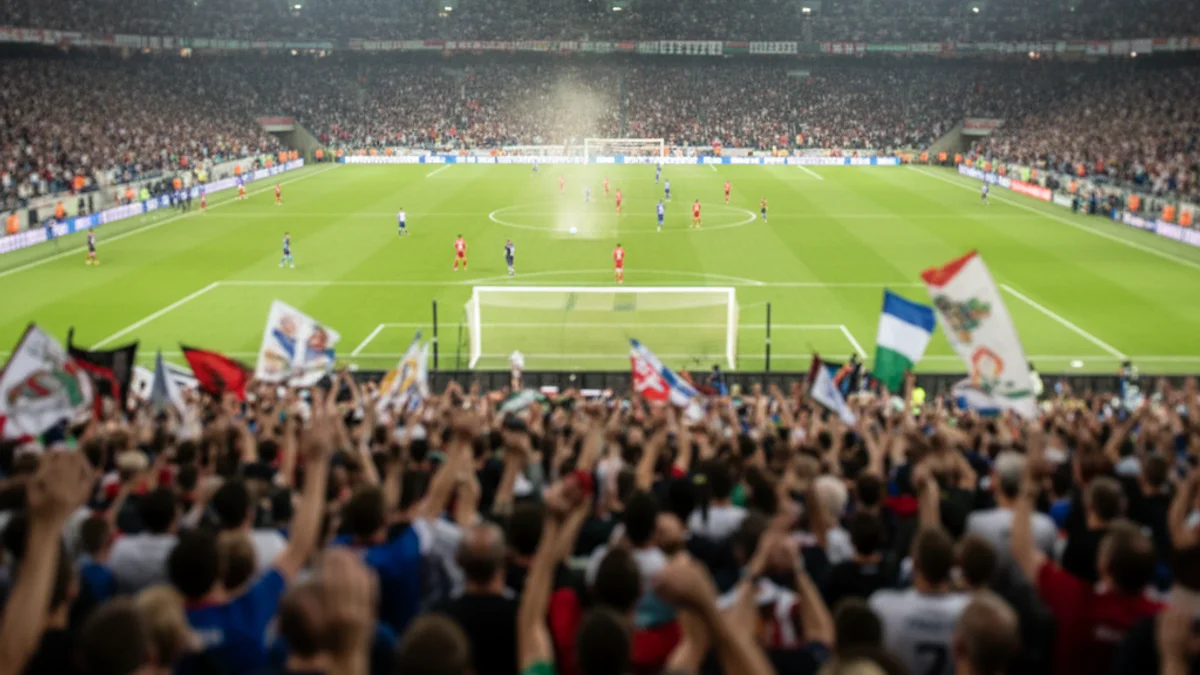 Vista general d'un partit de futbol de primera divisió en un estadi, amb figures borroses d'aficionats i jugadors.