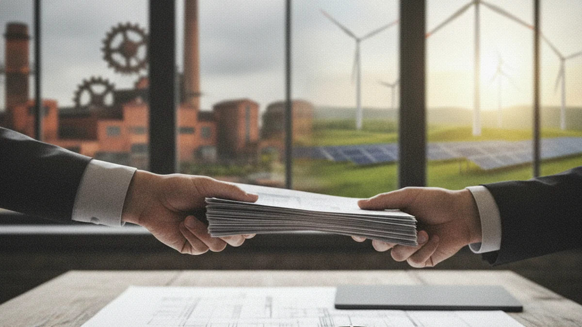 Representació visual d'una transició energètica, amb elements industrials i de sostenibilitat.