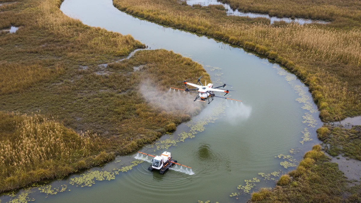 Imatge genèrica que representa la fumigació o tractament d'una zona humida per al control de plagues d'insectes.