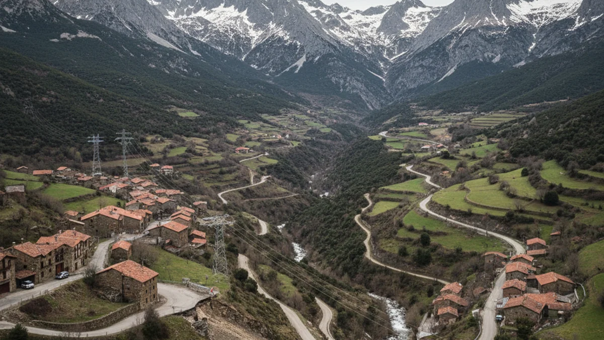 Vista panoràmica de les valls pirinenques catalanes amb pobles dispersos i muntanyes, simbolitzant l'àmbit de la Llei d'Alta Muntanya.