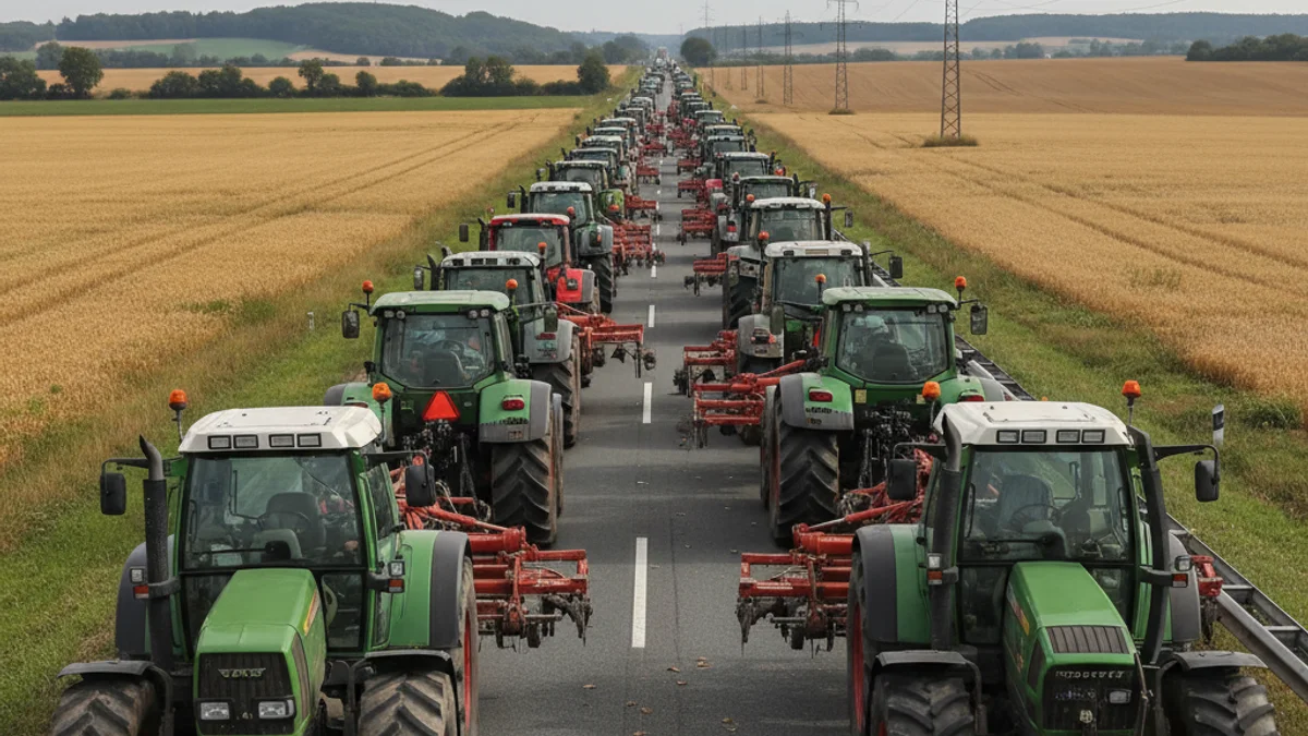 Imatge genèrica d'una línia de tractors bloquejant una carretera principal durant una protesta agrícola.