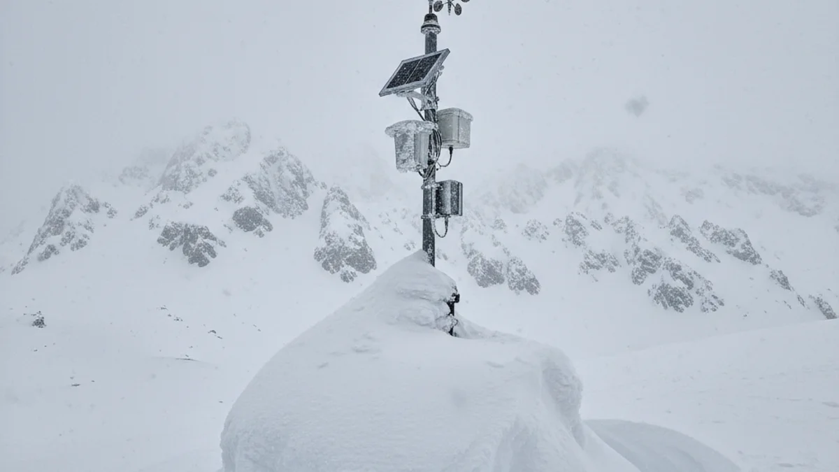 Vista d'una estació meteorològica automàtica coberta per una gran capa de neu al Prepirineu.