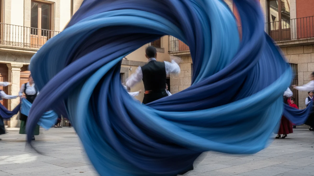 Representació gràfica abstracta del moviment de la dansa tradicional catalana i el color blau.